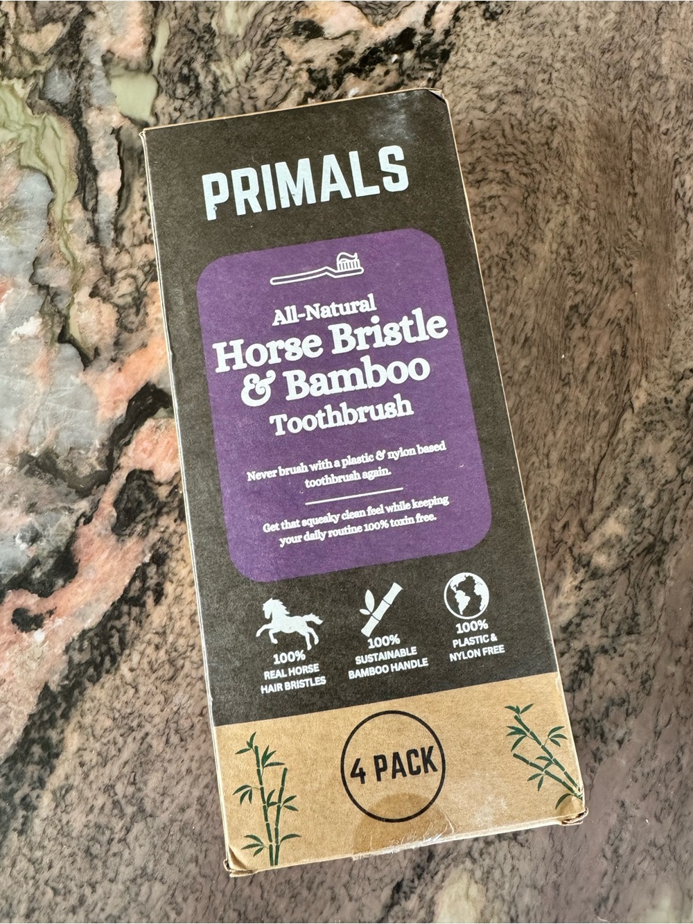Primals Purple All-Natural Horse Bristle & Bamboo Toothbrushes - 4 Pack